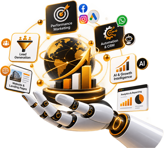 Social media, Meta ads, lead generation, creative design, websites and reporting held together as one growth system.